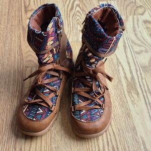 Brown and Multicolor Lace Up Boots